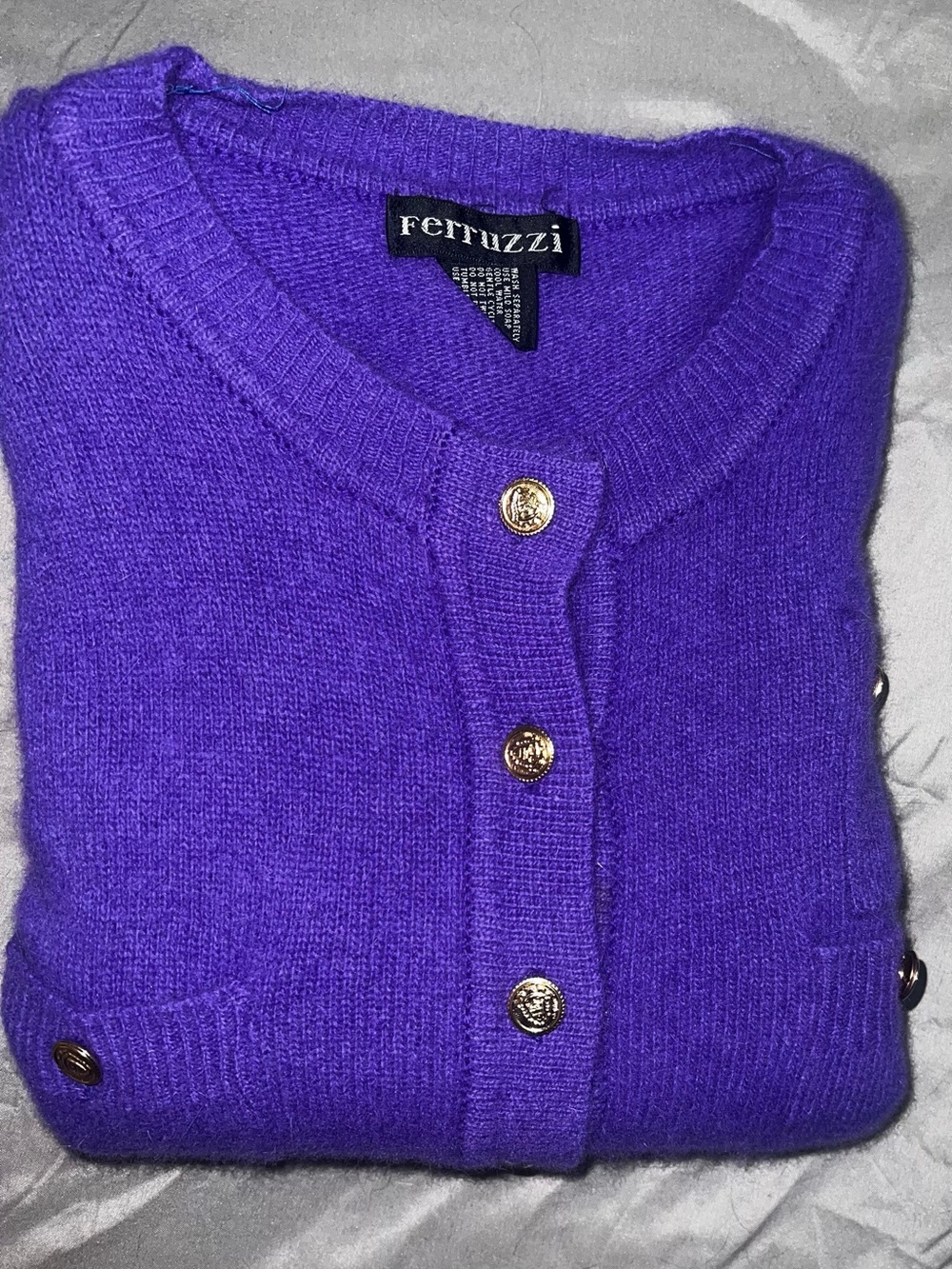 Vintage Ferruzzi Purple Lambswool Angora Cardigan Gold Crest Buttons Women's